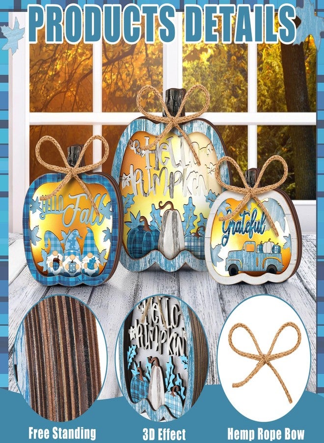 Tujoe 3 Pcs Thanksgiving Pumpkin Wooden Signs Light up Blue Pumpkin Centerpiece Tabletop Decor Fall Decorations for Home Thanksgiving Lights Tiered Tray Decor for Kitchen Harvest Party Supplies - Image 5